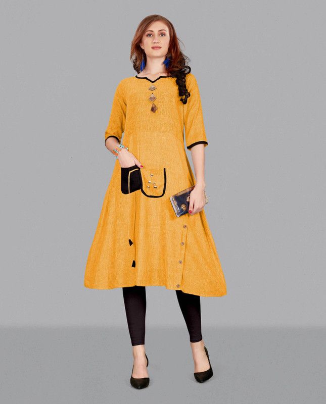 Women Self Design Cotton Blend Flared Kurta  (Yellow)