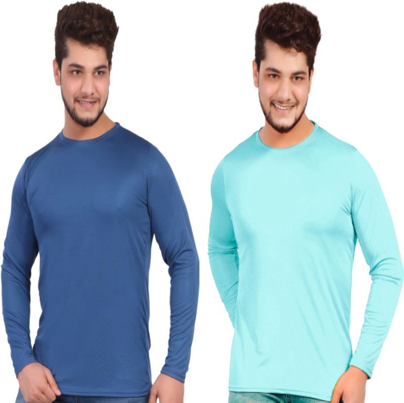 Pack of 2 Men Solid Round Neck Polyester Dark Blue, Light Blue T-Shirt