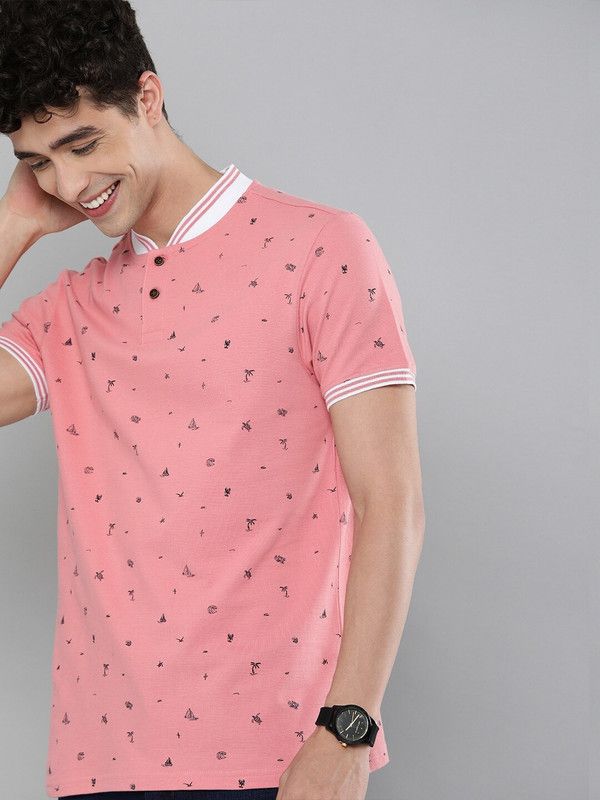 Men Printed Mandarin Collar Pure Cotton Orange T-Shirt