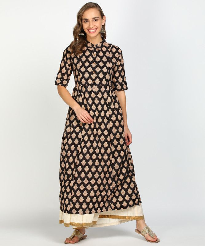 Women Printed Pure Cotton Flared Kurta  (Black, Beige)