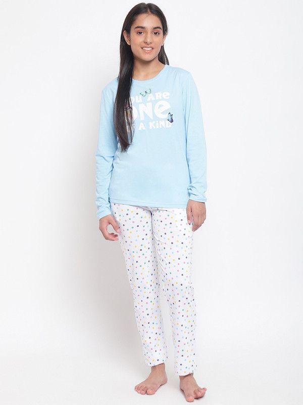 Girls Polka Print Cotton Blend Kids Nightwear  (Light Blue Pack of 1)