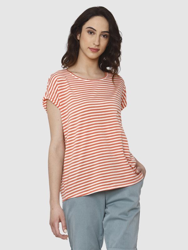Women Striped Round Neck Wool Blend Pink T-Shirt