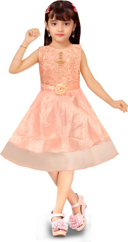 Girls Midi/Knee Length Festive/Wedding Dress  (Beige, Sleeveless)