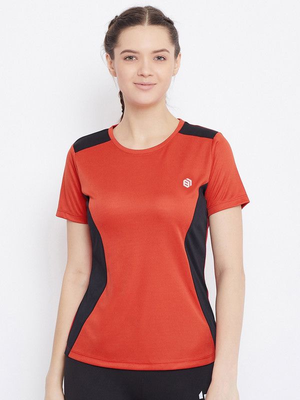 Women Colorblock Round Neck Polyester Red T-Shirt