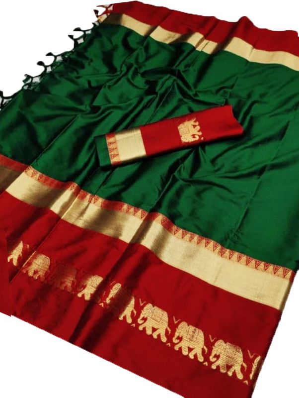 Animal Print Kanjivaram Jacquard, Cotton Silk Saree  (Cream)