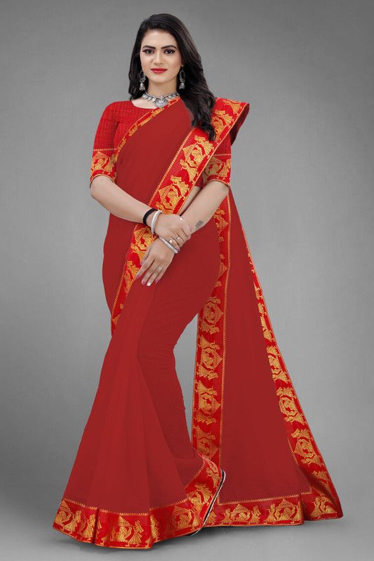 Self Design Chanderi Cotton Blend Saree  (Red)