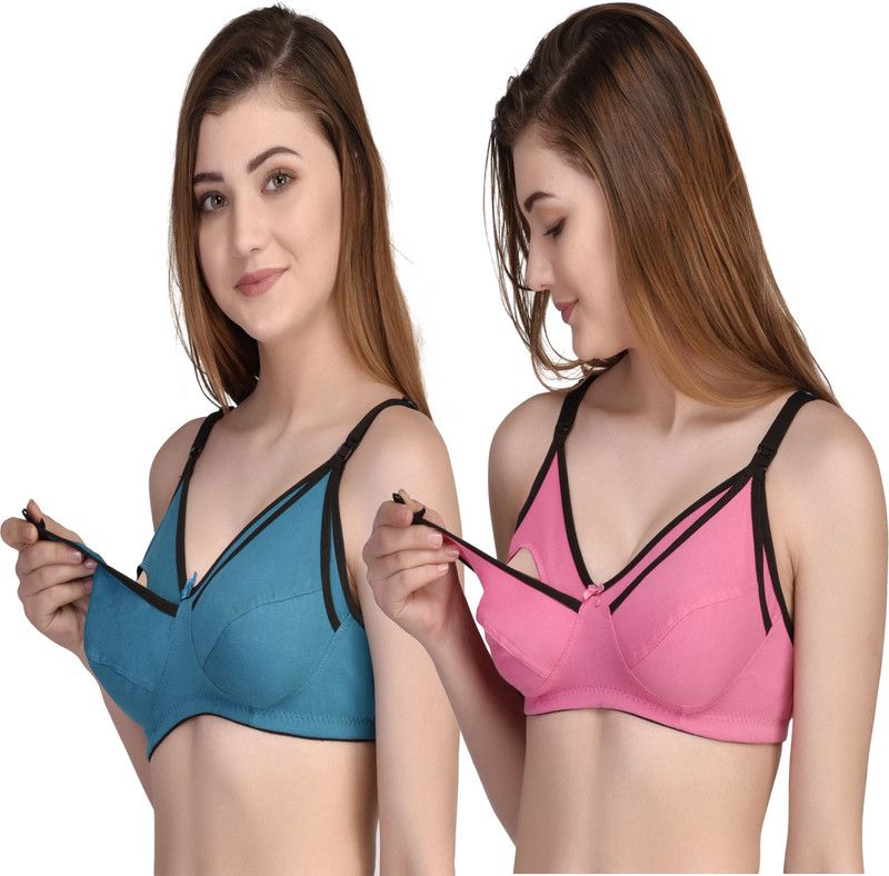 Pack of 2 Women Maternity/Nursing Non Padded Bra  (Green, Pink)