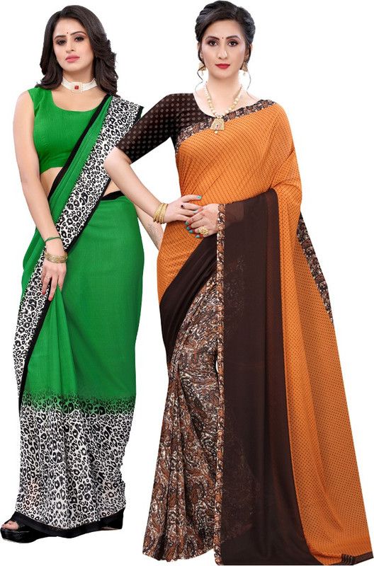 Daily Wear Georgette Saree  (Pack of 2, Green, Orange)