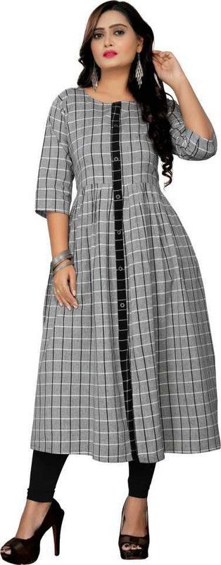 Women Checkered Khadi Cotton A-line Kurta  (Grey)
