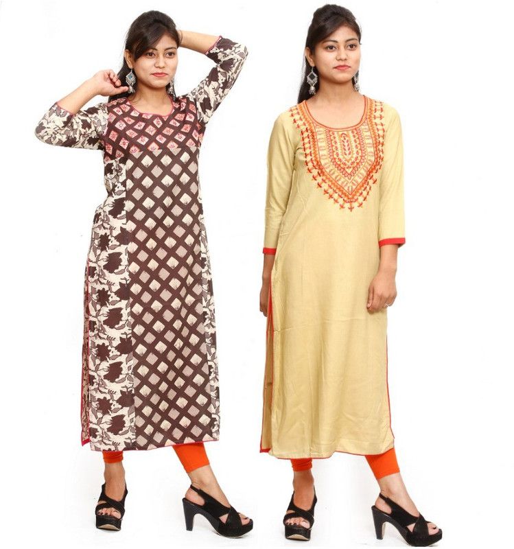 Pack of 2 Women Self Design Cotton Rayon Straight Kurta  (Multicolor)