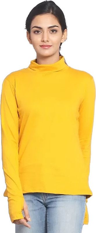 Stylish Yellow High/Turtle Neck Tshirt Women Solid Turtle Neck Cotton Blend Yellow T-Shirt