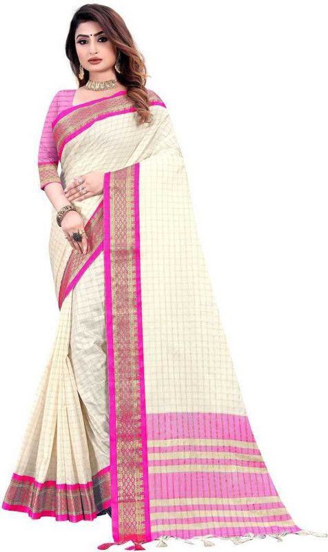 Assam Silk Cotton Silk Saree  (White, Pink)