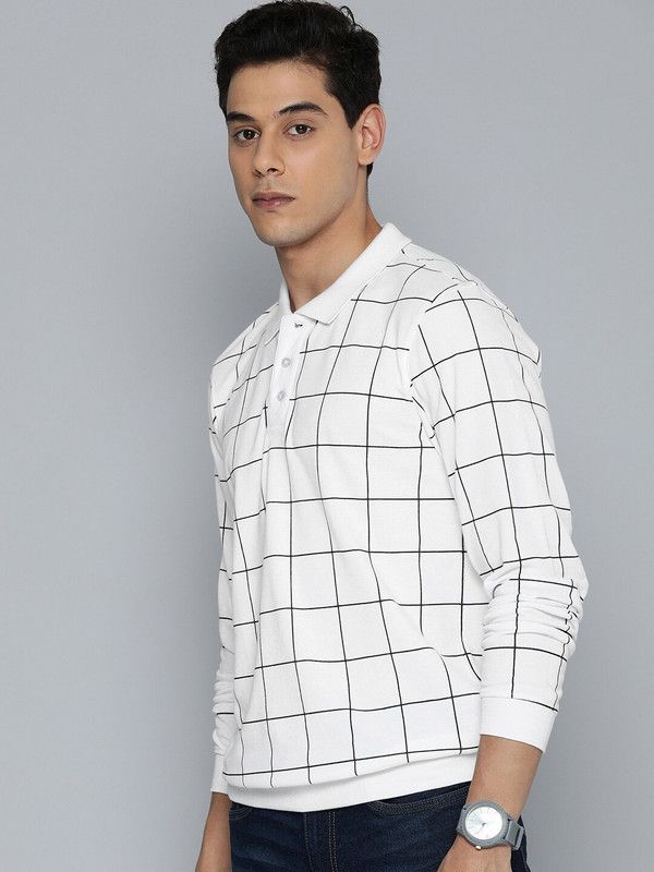 Men Checkered Polo Neck Pure Cotton White T-Shirt