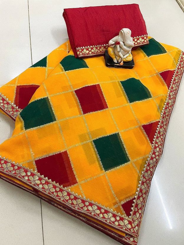 Self Design, Color Block, Temple Border, Embroidered, Striped, Woven, Applique, Solid/Plain Bollywood Georgette, Art Silk Saree  (Mustard)