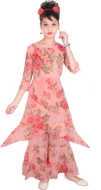 Girls Party(Festive) Kurta Trouser  (Orange)