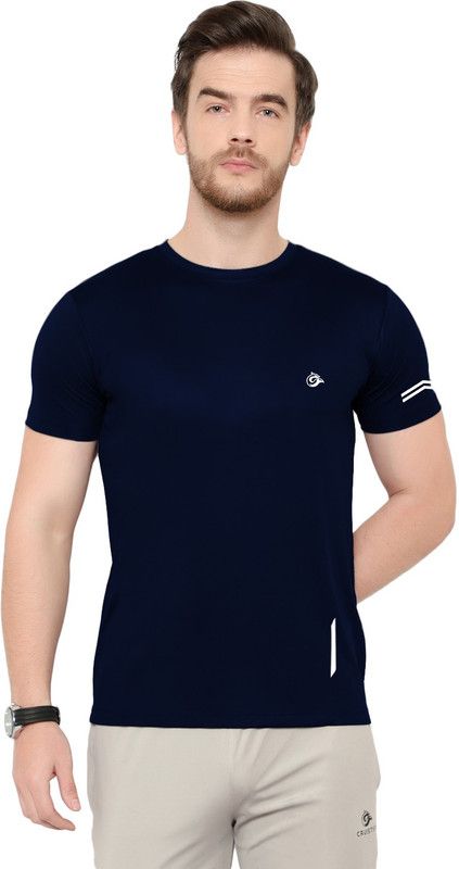 Men Sporty Round Neck Elastane Blue T-Shirt