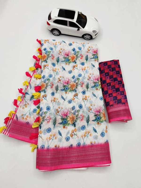Fashion Linen Saree  (White, Pink)