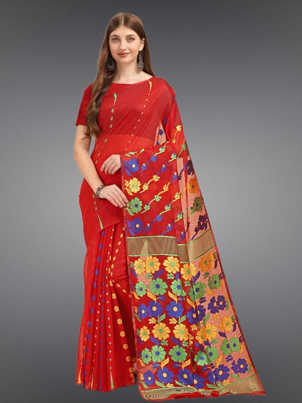 Self Design, Woven, Embellished Jamdani Muslin, Cotton Silk Saree  (Red)