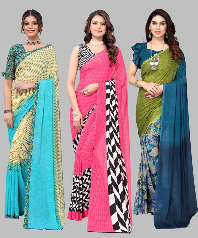 Printed Daily Wear Georgette Saree  (Pack of 3, Dark Green, Pink, Light Green)