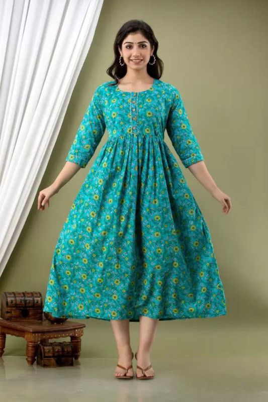 Women Printed Pure Cotton Flared Kurta  (Light Blue)