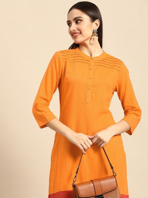 Women Colorblock Cotton Blend Straight Kurta  (Orange)