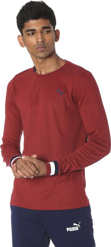 Full Sleeve Tee Men Solid Round Neck Cotton Blend Red T-Shirt