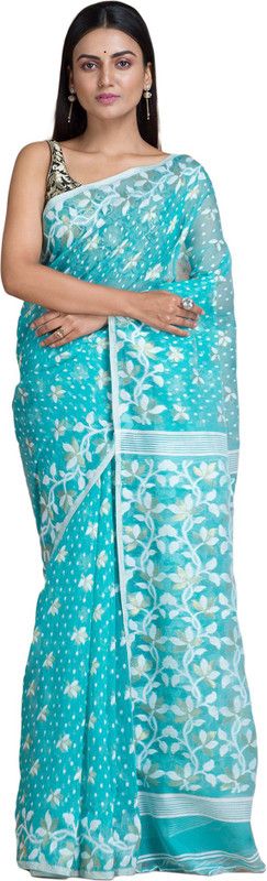 Printed Jamdani Cotton Blend Saree  (Light Blue)