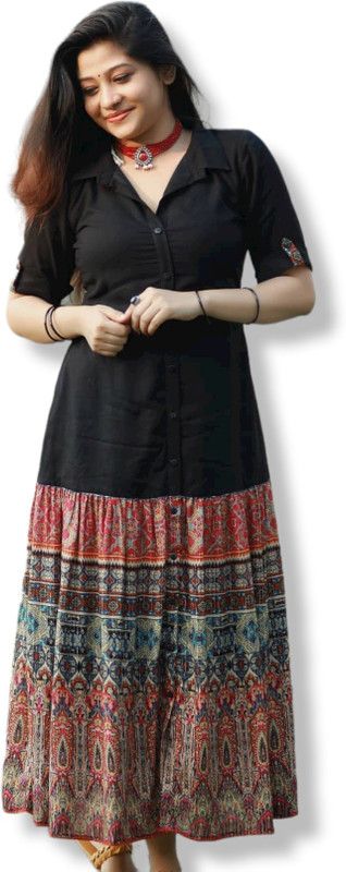Women Printed, Checkered Viscose Rayon Anarkali Kurta  (Black)