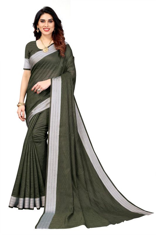 Banarasi Cotton Linen Saree  (Dark Green)