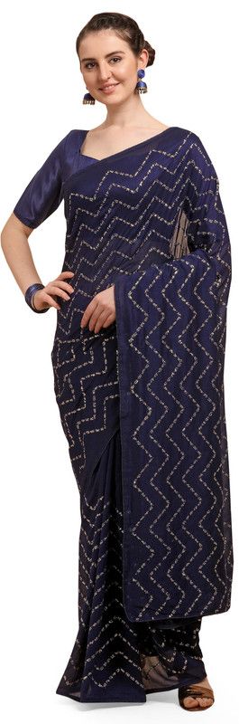 Self Design, Embroidered Bollywood Art Silk Saree  (Dark Blue)
