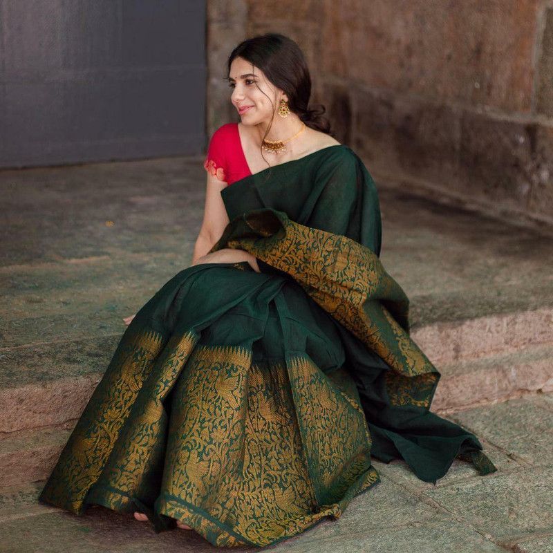 Printed Kanjivaram Silk Blend, Jacquard Saree  (Green)