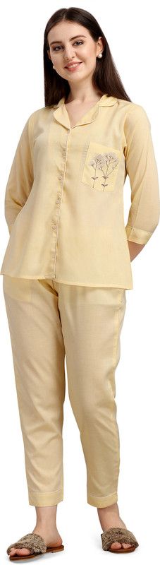 Women Night Suit Set Yellow Embroidered