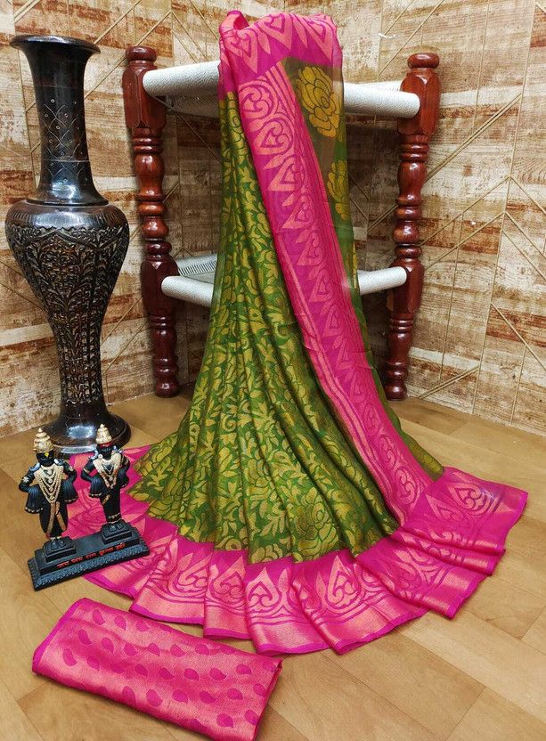 Printed Banarasi Brasso Saree  (Dark Green, Green)