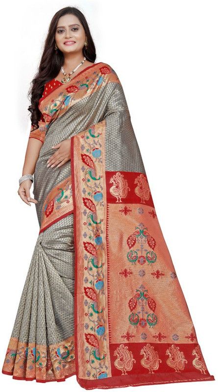 Self Design, Solid/Plain Paithani Silk Blend, Art Silk Saree  (Grey)