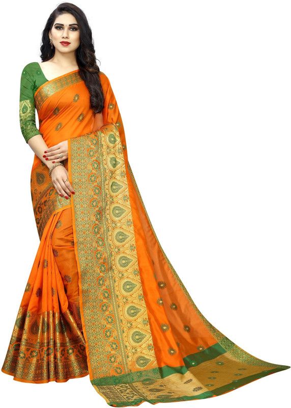 Embroidered Kanjivaram Art Silk, Cotton Silk Saree  (Orange)