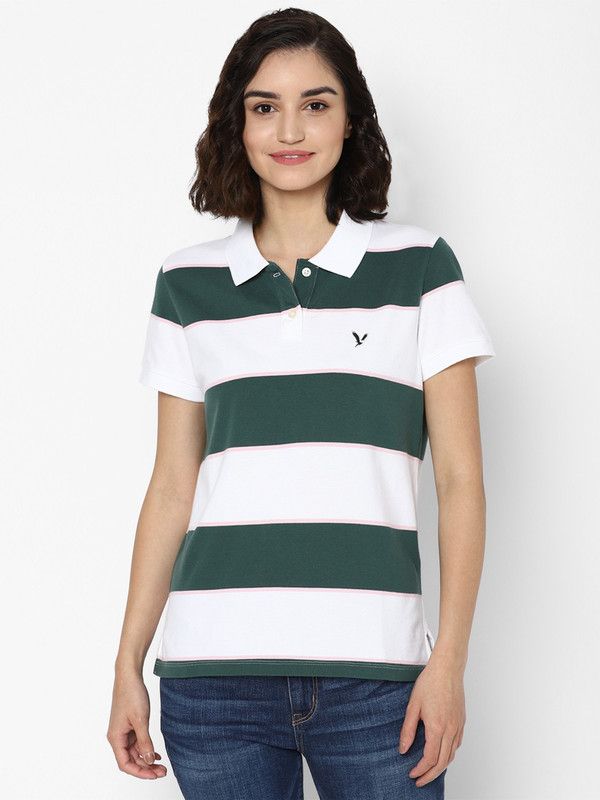 Women Striped Polo Neck Cotton Blend Green T-Shirt