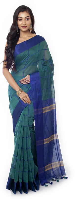 Checkered Handloom Art Silk Saree  (Green)
