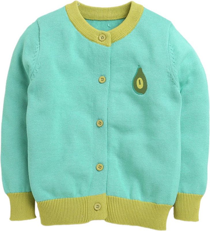 Girls Solid Round Neck Green Sweater
