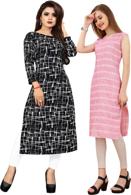 Pack of 2 Women Applique Crepe A-line Kurta  (Blue, Pink)
