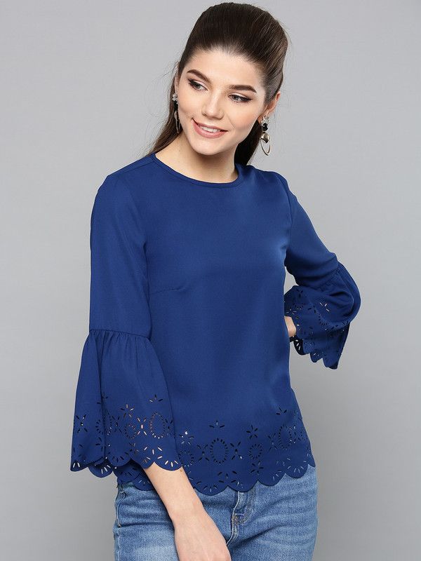 Casual Bell Sleeves Laser Cut Women Dark Blue Top