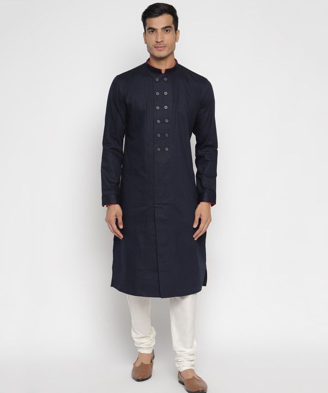 Men Self Design Silk Blend Straight Kurta  (Dark Blue)