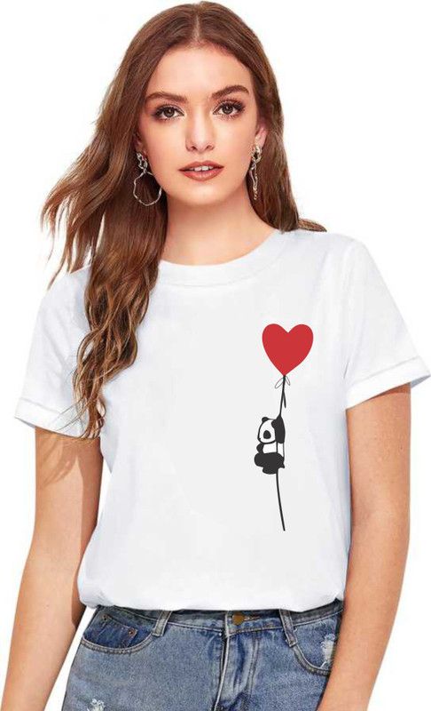 Hanging Panda Women Printed Round Neck Cotton Blend White T-Shirt