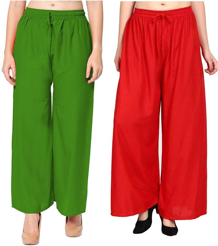 Pack of 2 Women Regular Fit Red, Green Cotton Blend Trousers