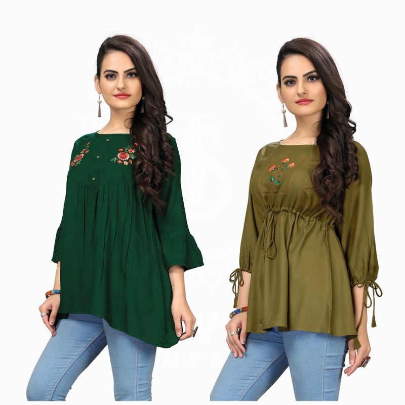 Pack of 2 Casual Regular Sleeves Embroidered Women Multicolor, Green Top