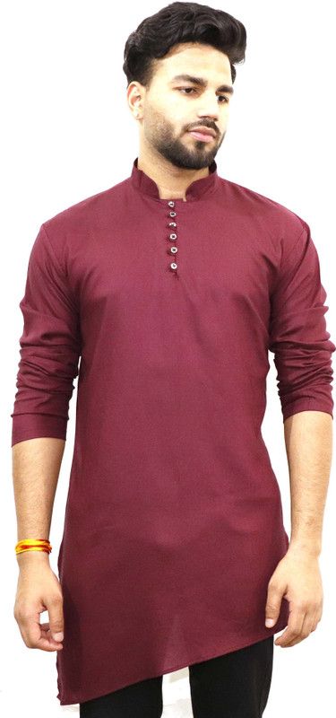 Men Solid Cotton Blend Flared Kurta  (Maroon)