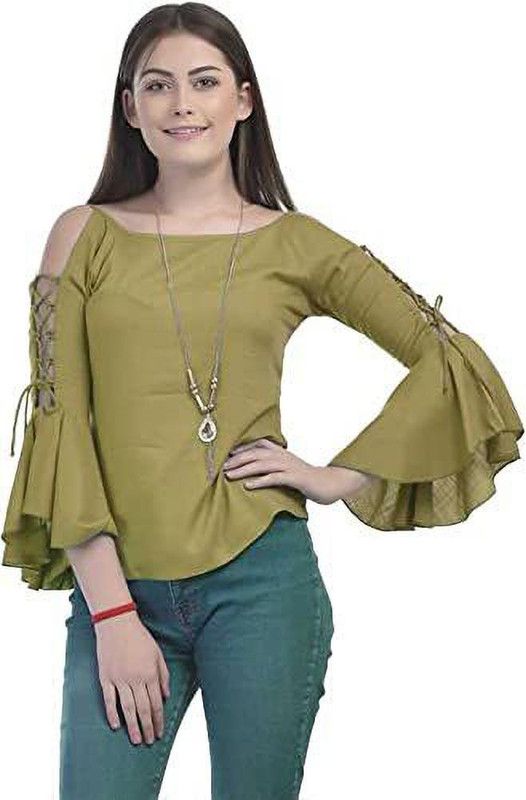 Casual Cold Shoulder Sleeves Solid Women Green Top