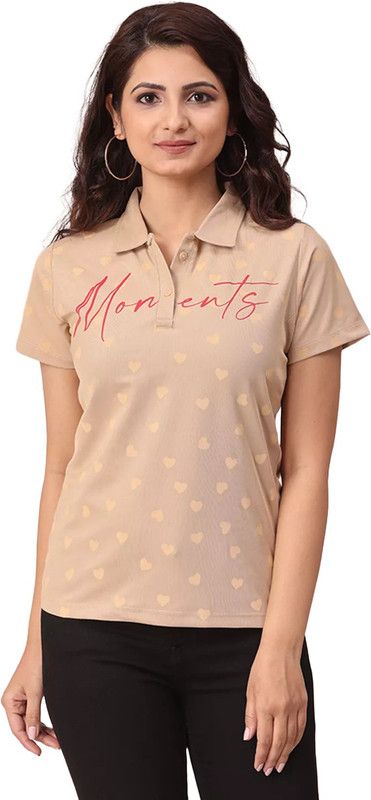 Women Typography Polo Neck Poly Cotton Brown T-Shirt