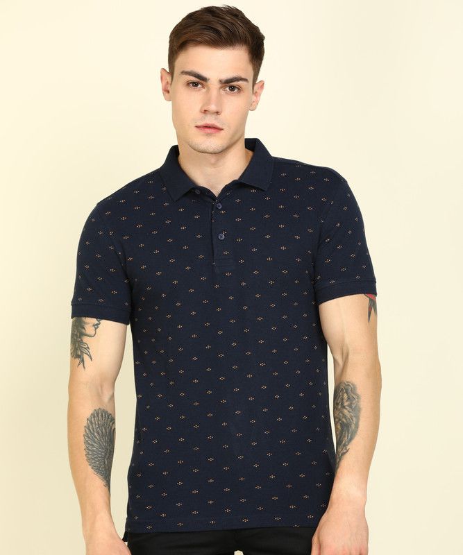 Men Printed Polo Neck Pure Cotton Dark Blue T-Shirt
