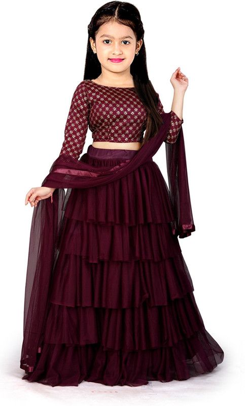 Girls Lehenga Choli Western Wear Embroidered Lehenga, Choli and Dupatta Set  (Maroon, Pack of 1)
