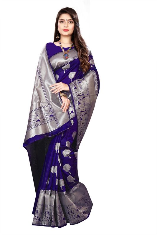 Embellished, Woven Kanjivaram Jacquard, Pure Silk Saree  (Blue)